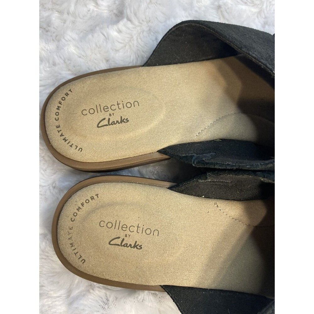 Clark’s Size 8 Flat Womens Slip On Sandals Black Faux Suede Muted Snakeskin - Picture 5 of 7
